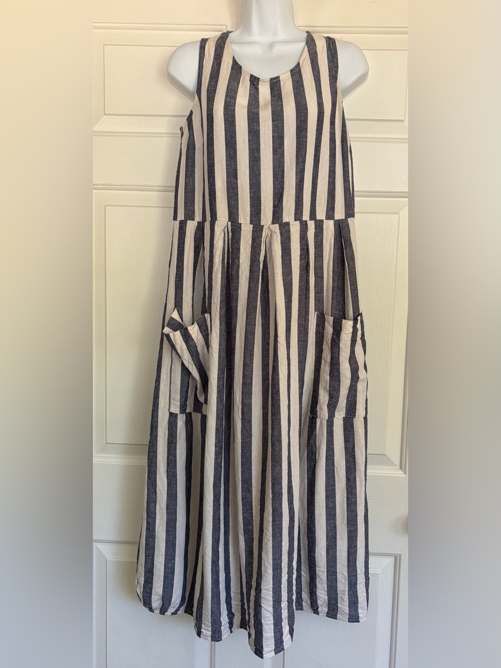 Sandro Ferrone Blue/White striped Linen style dress, Size Small